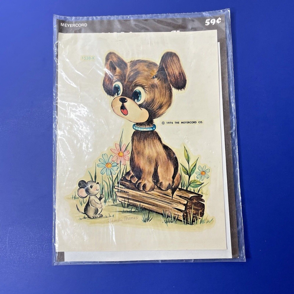 Vintage Meyercord Decal Puppy on Log Mouse Flowers 1976 Joanne Thomas 1538-K
